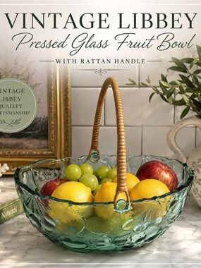 Vintage Libbey Pressed Glass Fruit Bowl with Rattan Handle